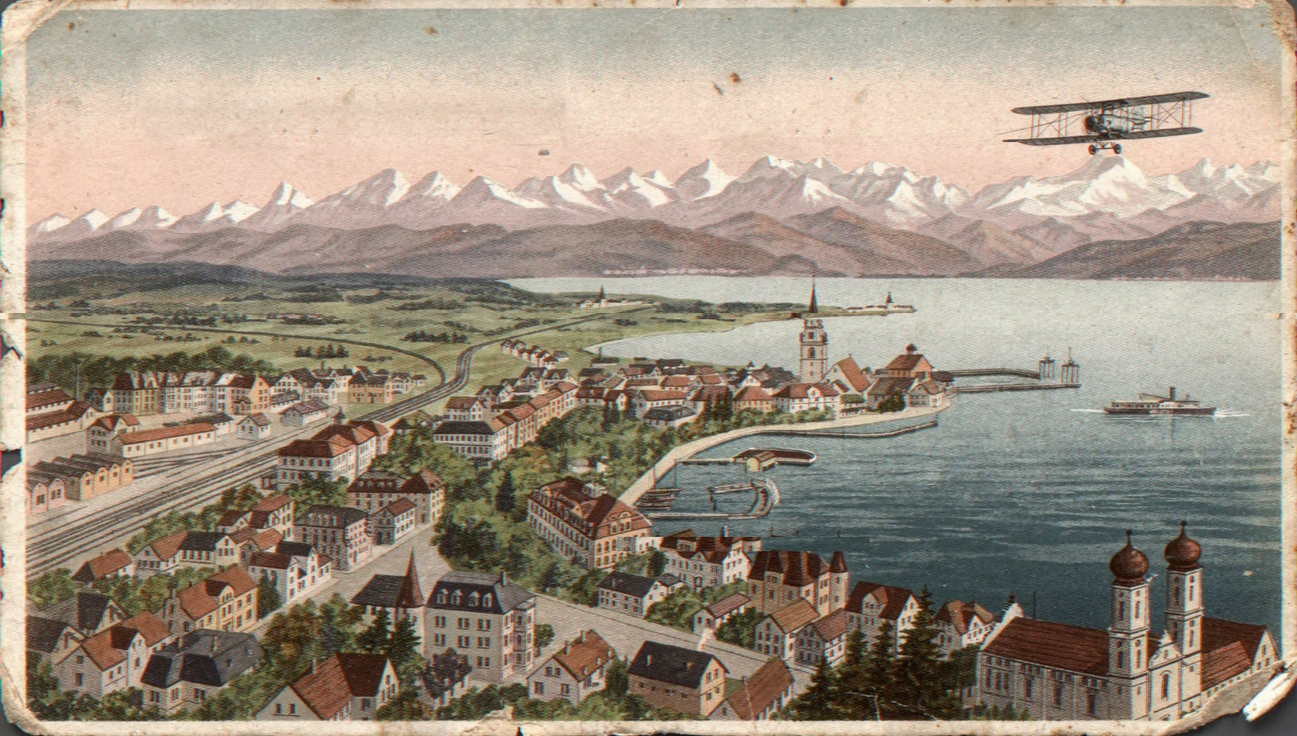 Friedrichshafen um 1912 mit Luftschiff und Doppeldecker, nach einer kolorierten Postkarte — neu gezeichnet und gestört